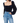 A woman wearing a navy blue velvet/knit-blend long sleeve bodysuit with puff sleeves and a sweetheart neckline, paired with blue jeans.