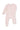 A light pink baby footie with a pattern of bunny faces.