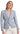A woman wearing a mixed blue tweed blazer with frayed detailing and light gold buttons, paired with white trousers.