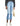A pair of cropped, distressed blue denim jeans with a 10-inch rise, held by a person against a white background. They are wearing a gray sweater and white shoes.