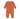 A baby onesie made of burnt orange waffle weave cotton with a pocket accent and a brown button henley neckline