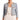 A woman wearing a blue denim jacket with frayed detailing and gold buttons, paired with a white shorts suit.