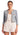 A woman wearing a blue denim jacket with frayed detailing and gold buttons, paired with a white shorts suit.