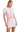 A female model wearing a white and pink checkered cardigan with gold buttons and a chain trim. The model has long sleeves and is posing against a solid background.