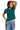 A female model wearing a short-sleeved emerald green crew neck t-shirt and blue jeans.