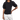 A woman wearing a black short-sleeved top with puff sleeves and a crew neckline, paired with white pants.