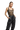 A model wearing a black bodysuit with a mesh design and sparkling crystal accents.
