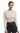 A woman wearing a beige long-sleeve sheer sweater with crystal embellishments and a black leather skirt.