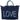 A dark blue canvas tote bag with fringe detailing and the word 'LOVE' printed in large blue and white letters on the front.