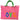 A bright pink fringe tote bag with green bandana print handles, printed with a rainbow colored "LOVE" graphic on the front