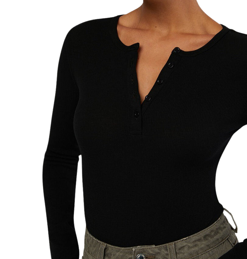 Load image into Gallery viewer, WEWOREWHAT Henley Black Bodysuit
