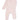 A light pink baby footie with a pattern of bunny faces.