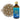 A brown handheld dry brush with white bristles with a glass bottle, a blue label and a gold cap