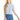 A woman wearing a cropped light grey henley tee shirt with waffle weave fabric.