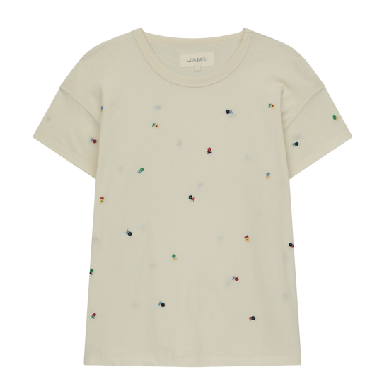 The GREAT Boxy Washed White w/ Ditsy Floral Embroidery Crew Tee