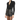 A woman wearing a black long-sleeve top with a quarter zip front and puff sleeves, paired with black leather shorts with a mock neckline.