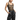 A model wearing a black bodysuit with a mesh design and sparkling crystal accents.