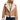 A woman wearing a cognac brown vegan suede shearling leather jacket with faux fur details around the neck and cuffs, paired with blue jeans.
