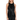 A woman wearing a black camisole with a high neck and lace trim detailing at the arms, paired with black trousers.