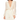 A female model wearing a beige silk chiffon bodysuit with long puff sleeves and a faux pearl trim, paired with matching white trousers.