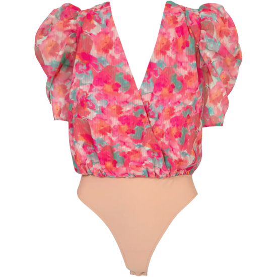 Load image into Gallery viewer, Adelyn Rae Kiara Chiffon Rose Coral Puff Sleeve Bodysuit
