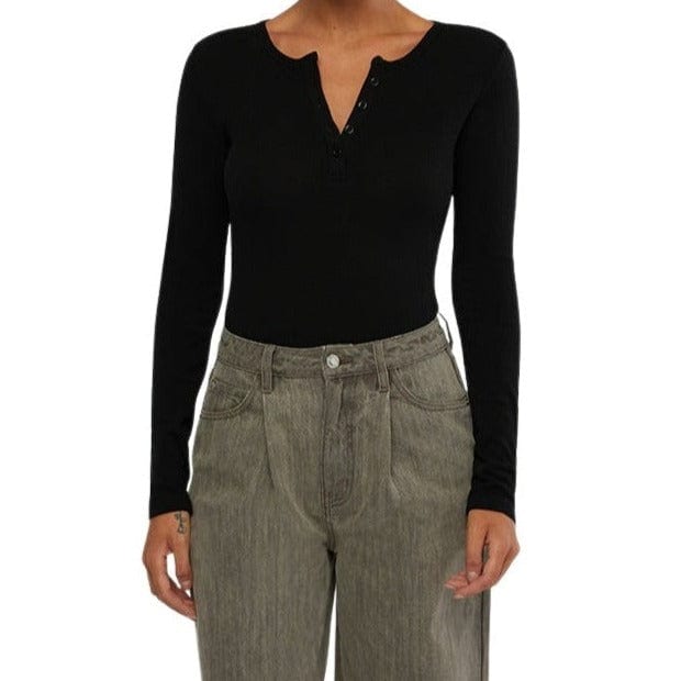 Load image into Gallery viewer, WEWOREWHAT Henley Black Bodysuit
