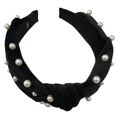 Bari Lynn Black Velvet Knotted Headband w/ Pearls