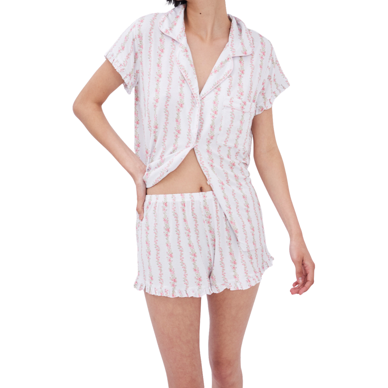 Stripe & Stare Rose Trellis Frill Short Pajama Set