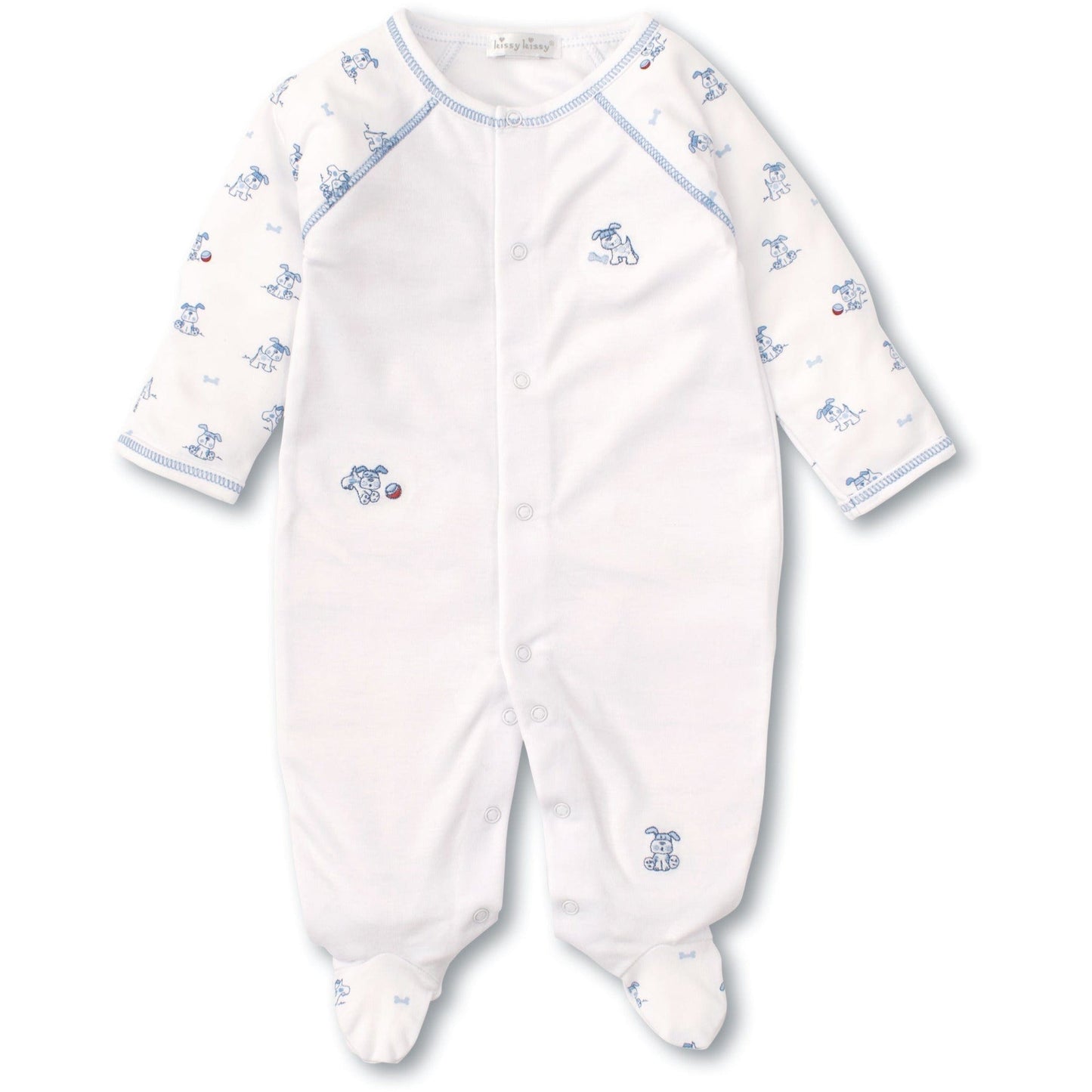Load image into Gallery viewer, kissy kissy Playtime Pups White/Light Blue Footie
