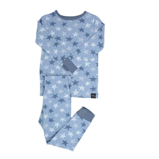 Load image into Gallery viewer, Sweet Bamboo Scribble Stars Blue LS Toddler PJs
