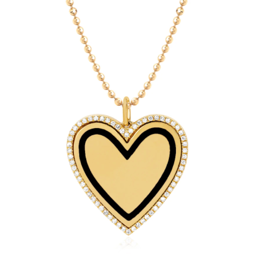 EF Collection Diamond & Black Enamel Heart Yellow Gold Necklace