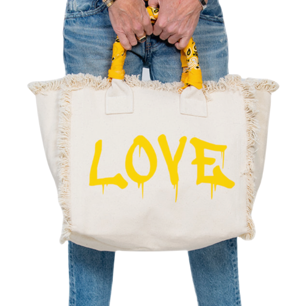 Load image into Gallery viewer, Hipchik Drip Yellow Love Fringe Canvas Tote Bag

