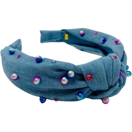 Bari Lynn Denim Knotted Headband w/ Rainbow Pearls
