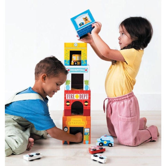 Load image into Gallery viewer, ooly Stackables Nested Cardboard Toys &amp;amp; Cars Set: Rainbow Town
