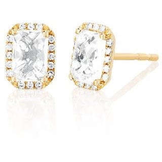 EF Collection Diamond & White Topaz Emerald Cut Yellow Gold Earrings (1 Pair)