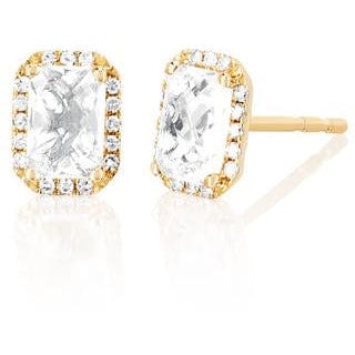 EF Collection Diamond & White Topaz Emerald Cut Yellow Gold Earrings (1 Pair)